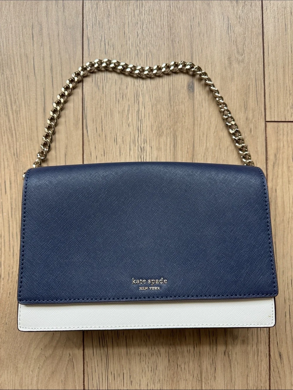 Kate Spade Navy Blue White Green Crossbody Purse Bag Silver Hardware Chain